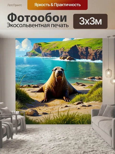 Фотообои природный заповедник, где морж находится на фоне диких морских скал и буйной зелени