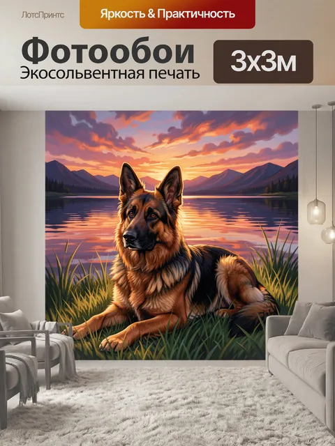 Фотообои Немецкая овчарка у озера на закате