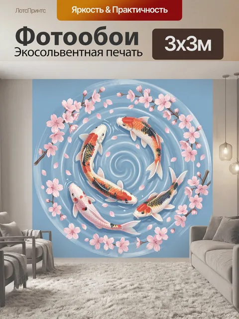 Фотообои Карпы кои в круге с сакурой