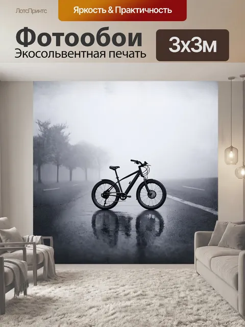Фотообои в центре композиции, окружённый туманом, на мокром асфальте стоит велосипед с искривлённой рамой и колёсами…