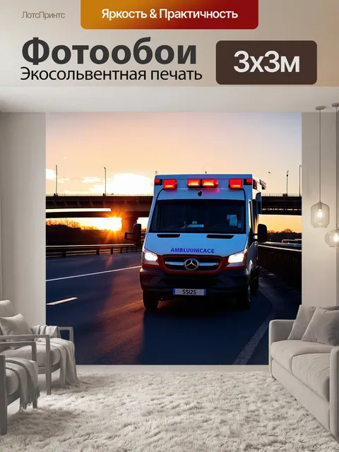Фотообои скорая помощь, остановившаяся у моста, а на заднем плане - солнечный восход, выполненная в стиле…