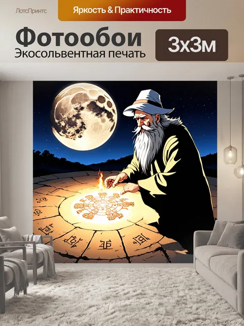 Фотообои с аниме, волшебник с длинной бородой, рисующий руны на земле во время магического ритуала под светом полной…