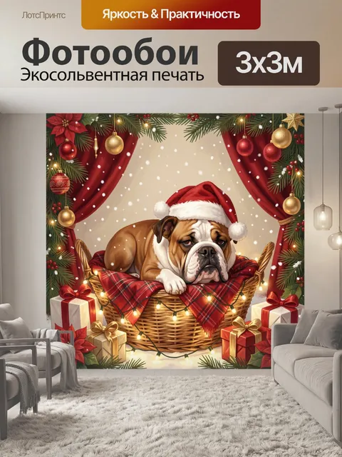 Фотообои Бульдог в шапке Санты