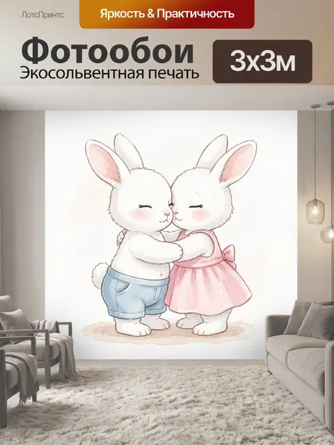 Фотообои Два обнимающихся белых зайчика