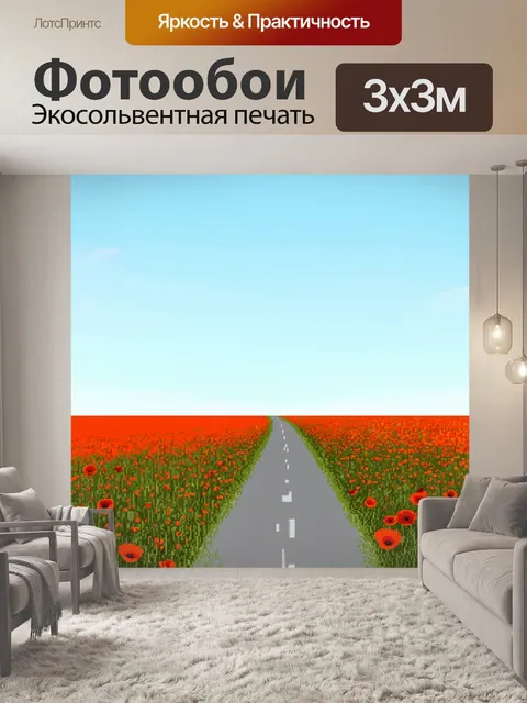 Фотообои природа в стиле плоский, поле с маками, сине-серое небо и светлая дорога