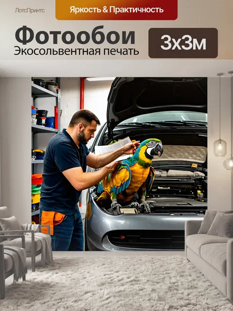 Фотообои умный попугай-автомеханик, который чинит машину в гараже