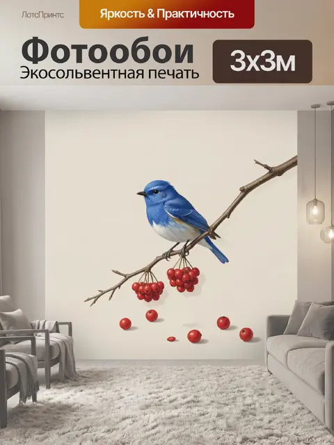 Фотообои Синяя птица на ветке с ягодами