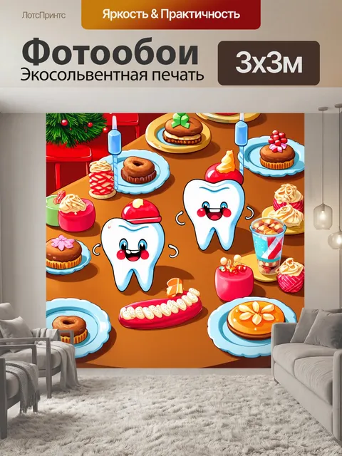 Фотообои мультяшные зубы, отмечающие праздник за столом с угощениями, нарисованные в стиле детской иллюстрации