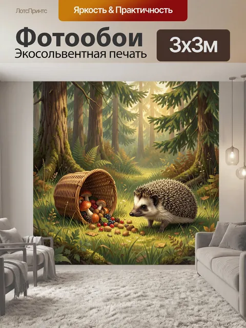 Фотообои Ежик с ягодами и грибами в лесу
