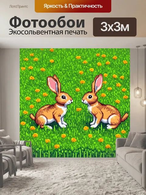 Фотообои животные в стиле пиксель-арт: зайцы, играющие на зелёной поляне