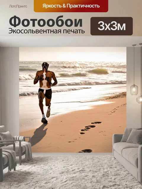 Фотообои боксер на утренней пробежке по пустынному пляжу