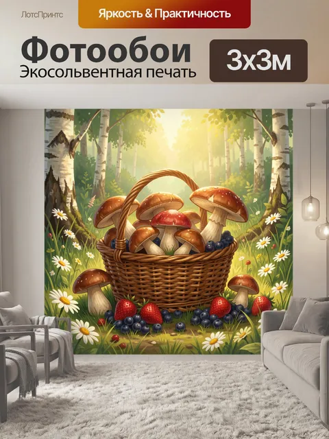 Фотообои Лесная корзина с грибами и ягодами