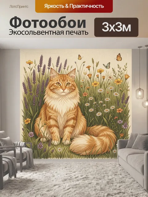 Фотообои Рыжий кот среди луговых цветов