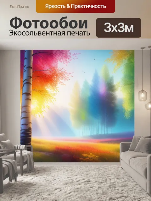Фотообои пейзаж с 2 березами разноцветный
