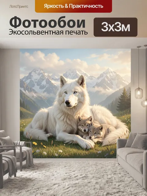 Фотообои Белая волчья семья в горах