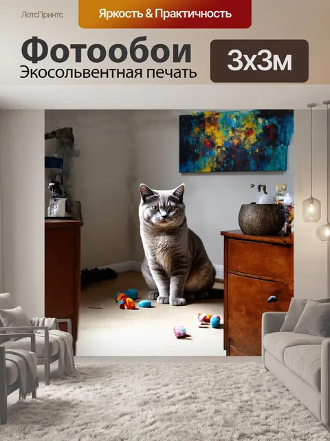 Фотообои в центре комнаты, на комоде, сидит британская короткошерстная кошка с потерянным взглядом и щёчками…