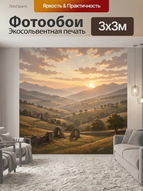 Фотообои Долина с деревенскими полями и солнцем