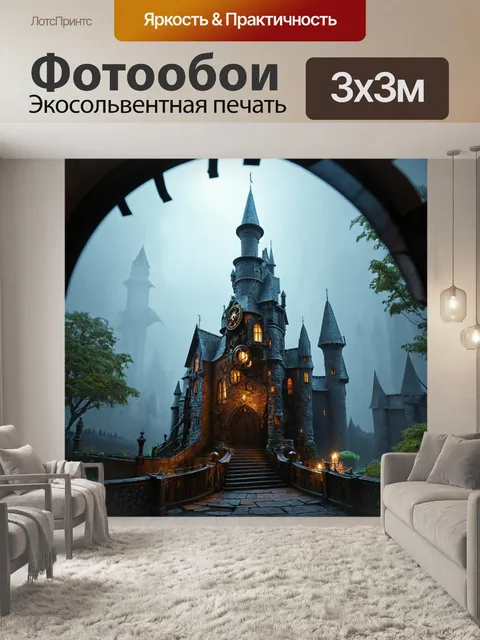 Фотообои пейзаж в стиле стимпанк, с механизмами, вращающимися около загадочного замка, окутанного туманом