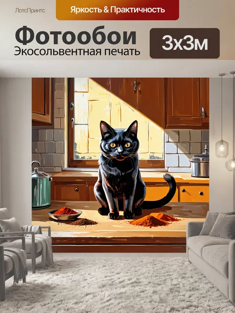Фотообои черная кошка, сидящая на старом деревянном столе в уютной кухне, вся уставленная кухонной утварью и приправами