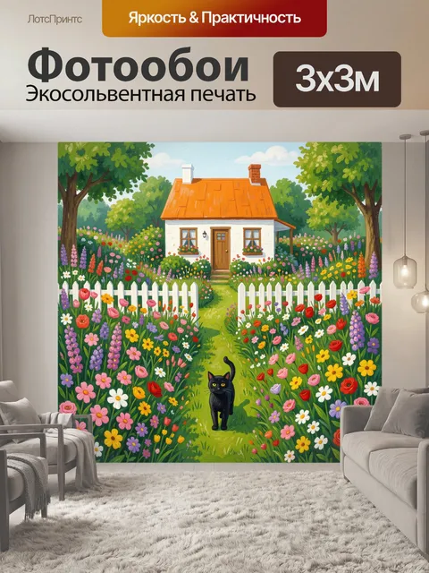 Фотообои Черный кот в цветочном саду