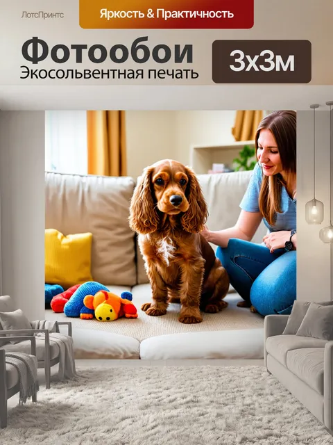 Фотообои кокер-спаниель, сидящий на диване с хозяином и игрушками вокруг, уютная обстановка дома