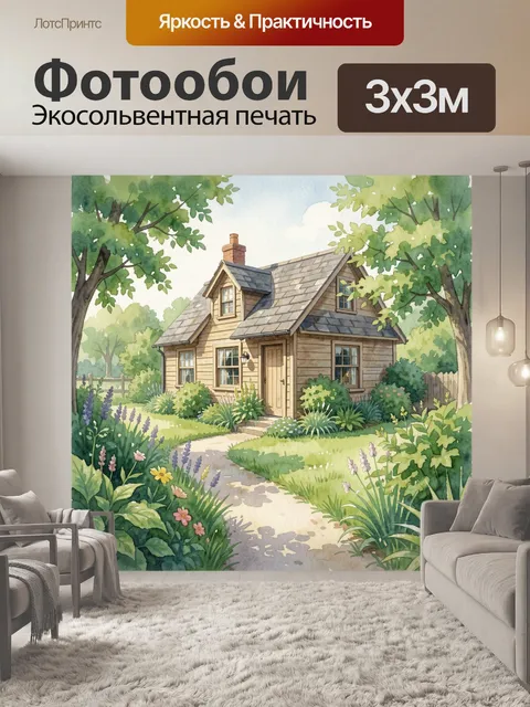 Фотообои Домик в саду с цветущими лавандой