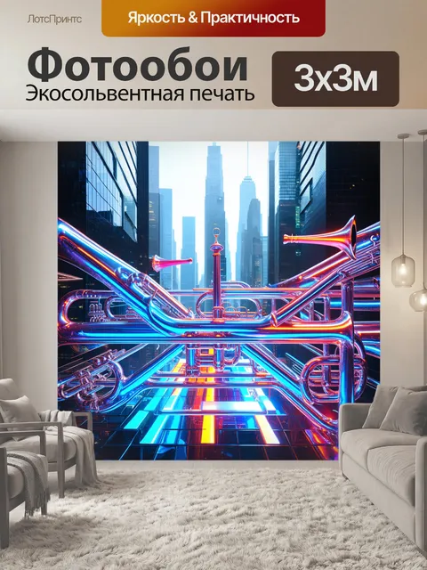 Фотообои ноты, превращающиеся в геометрические формы и фигуры в ярком городе будущего, где трубы выполнены из…