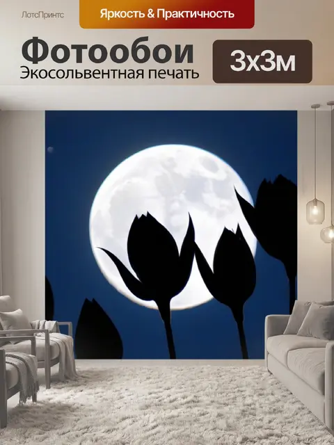 Фотообои силуэты тюльпанов на фоне луны