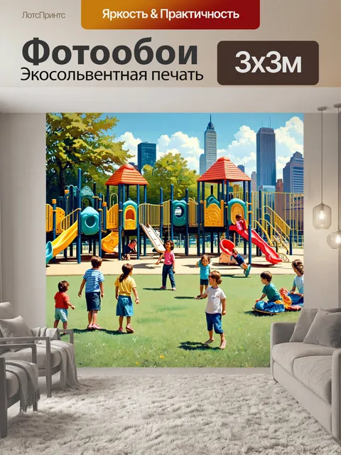 Фотообои город в стиле уинслоу гомер, с детской площадкой, полной детей и активностей