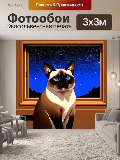 Фотообои сиамский кот, смотрящий в окно на ночное небо, усыпанное звездами
