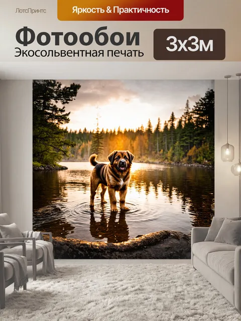 Фотообои щенок леонбергера, стоящий на берегу озера, его отражение мягко плещется на поверхности воды