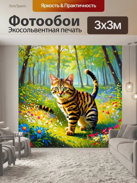 Фотообои бенгальский кот, исследующий загадочный лес, окруженный яркими цветами и зеленью