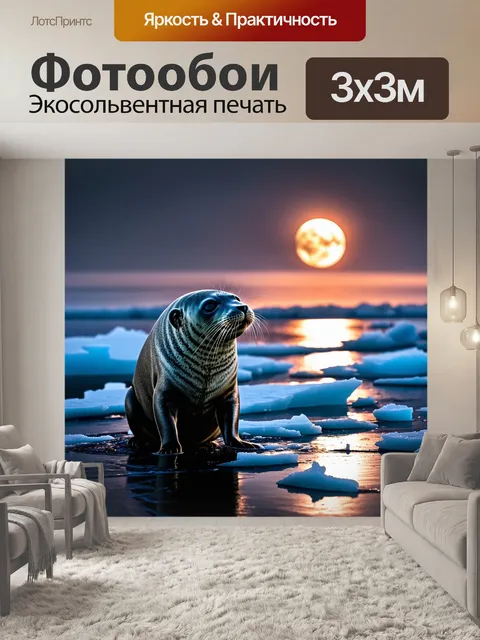 Фотообои тюлень, играющий с морскими льдами на закате, окруженный тёплыми лунными лучами