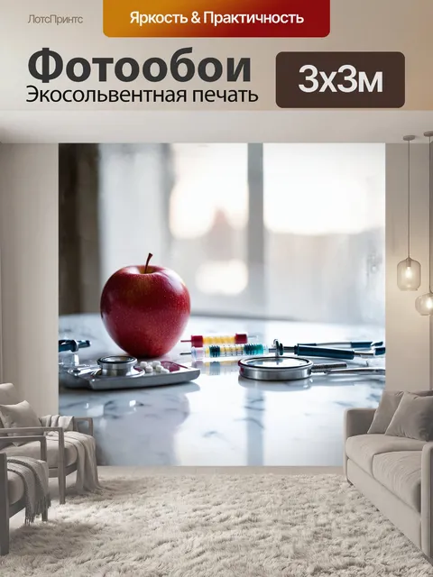 Фотообои яблоко, сияющее ярким красным цветом, лежит на белом мраморном столе