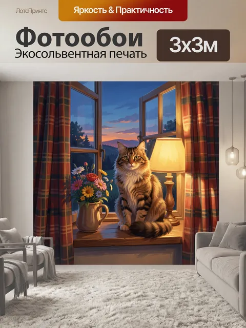 Фотообои Кот на подоконнике у окна
