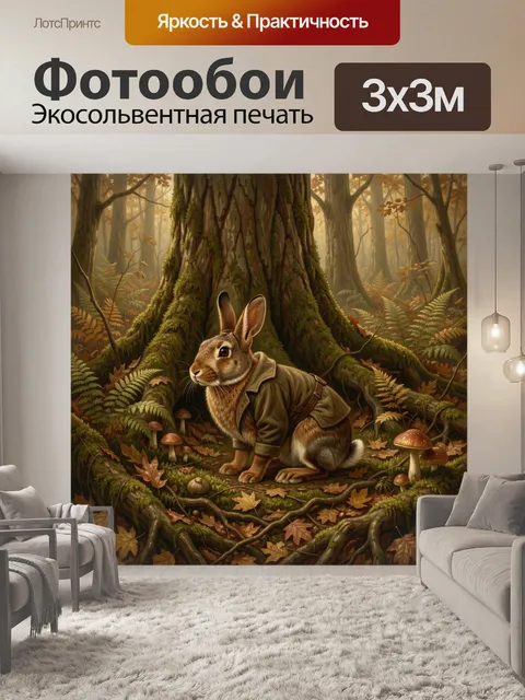 Фотообои Заяц в лесу у корней дерева