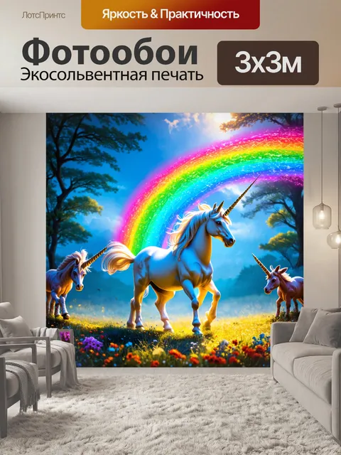 Фотообои сцена единорога, который плетёт радугу из света в окружении мистических существ