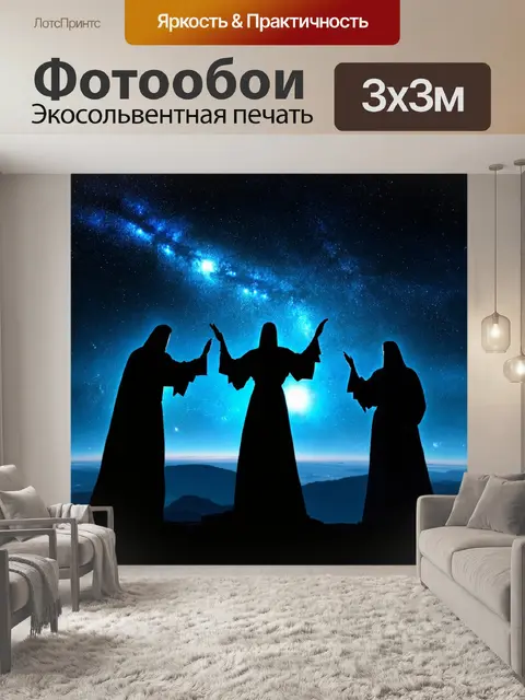 Фотообои космос в стиле тёмное фэнтези, с силуэтами древних существ, вытянувшихся к звездам