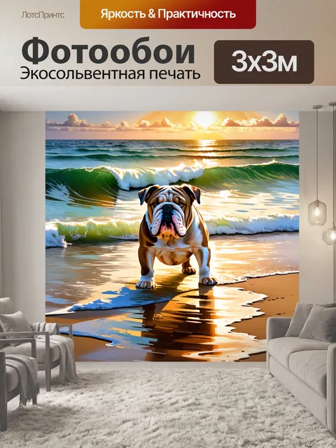 Фотообои английский бульдог играет на берегу океана, его силуэт освещён закатными лучами, отражаясь в воде