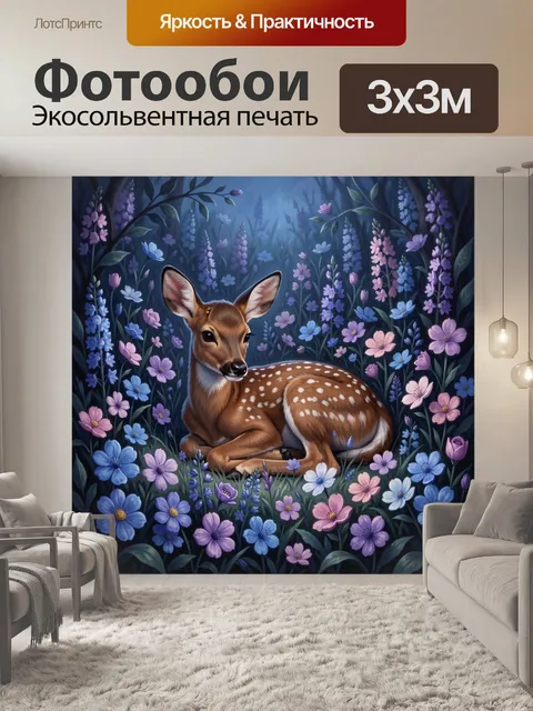 Фотообои Олененок в цветущем лесу