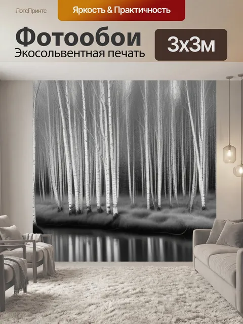 Фотообои пейзаж с рекой березами чернобелый