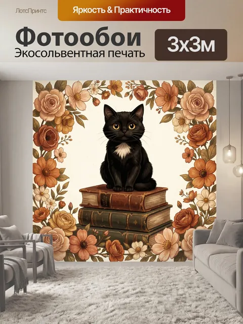 Фотообои Черный кот среди цветов и книг