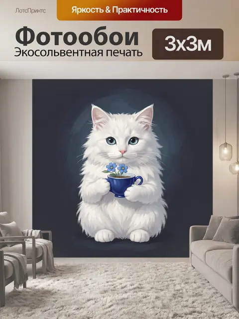 Фотообои Белоснежный кот с синими цветами