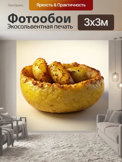 Фотообои рендеринг картошки, обжаренной до золотистой корочки, снятой в стиле высокой четкости с акцентом на деталях…
