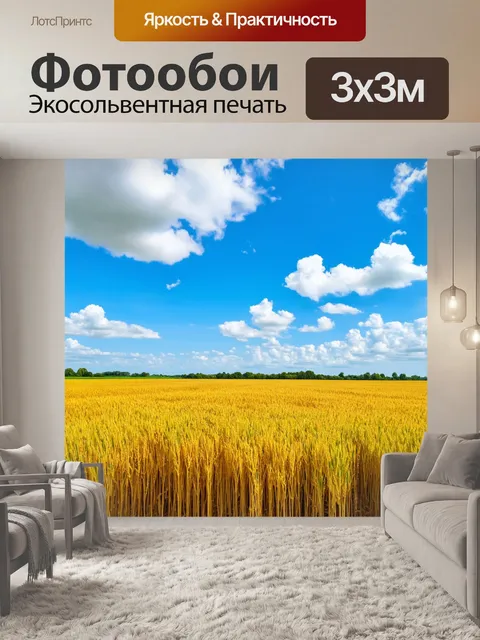 Фотообои природа в стиле фотореализм, бесконечное золотое поле риса под ярким летом, с мчащимися облаками