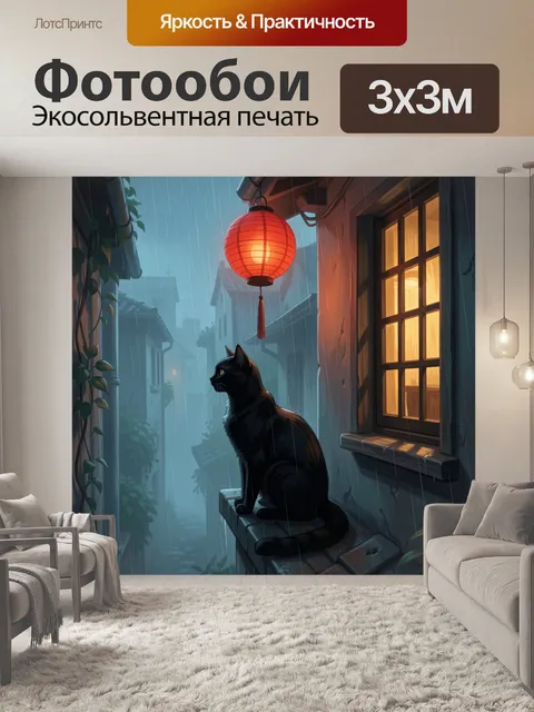 Фотообои Черный кот в дождливом переулке
