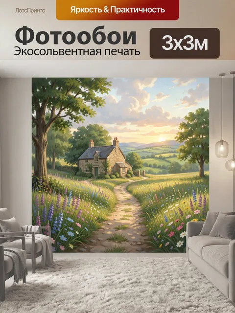 Фотообои Деревенский дом среди цветущего луга