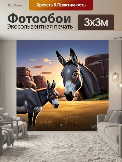 Фотообои осел, наблюдающий за закатом на фоне огромных скал и обширного поля