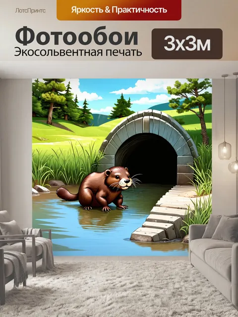Фотообои бобр аккуратно закрывает вход в свою плотину, окруженный живописным пейзажем у водоема