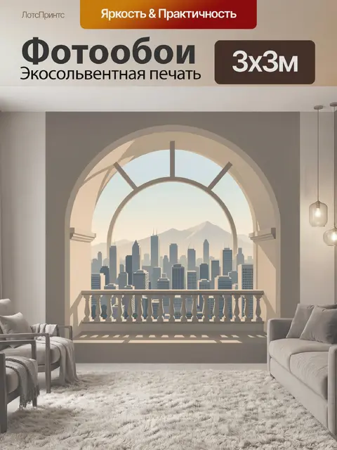Фотообои Вид города через арку и балюстраду